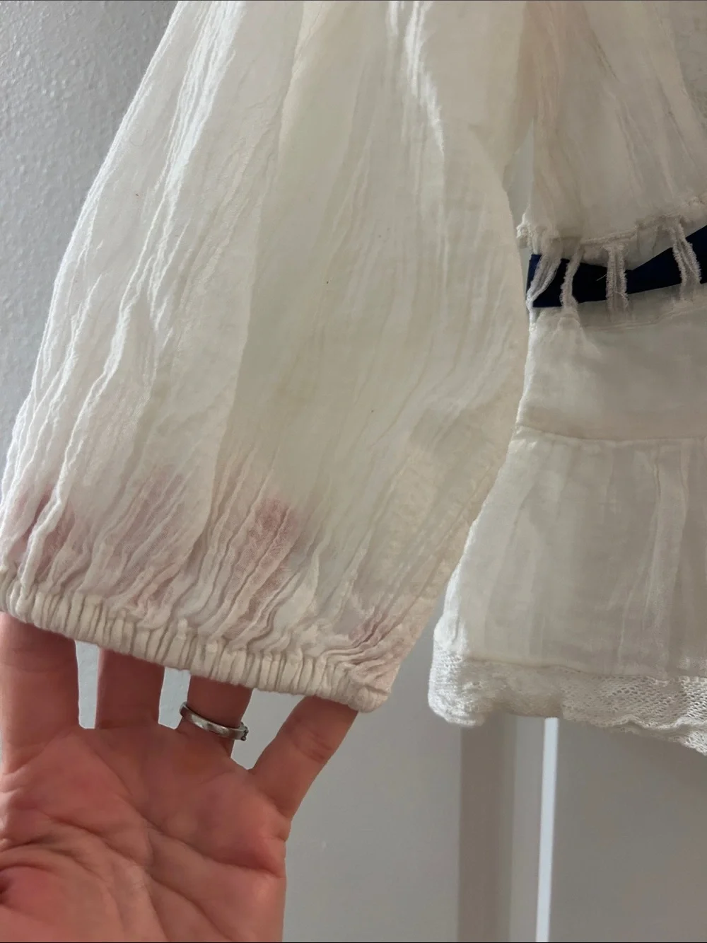 Free People Ivory Lace Peasant Top with Navy Ribbon
